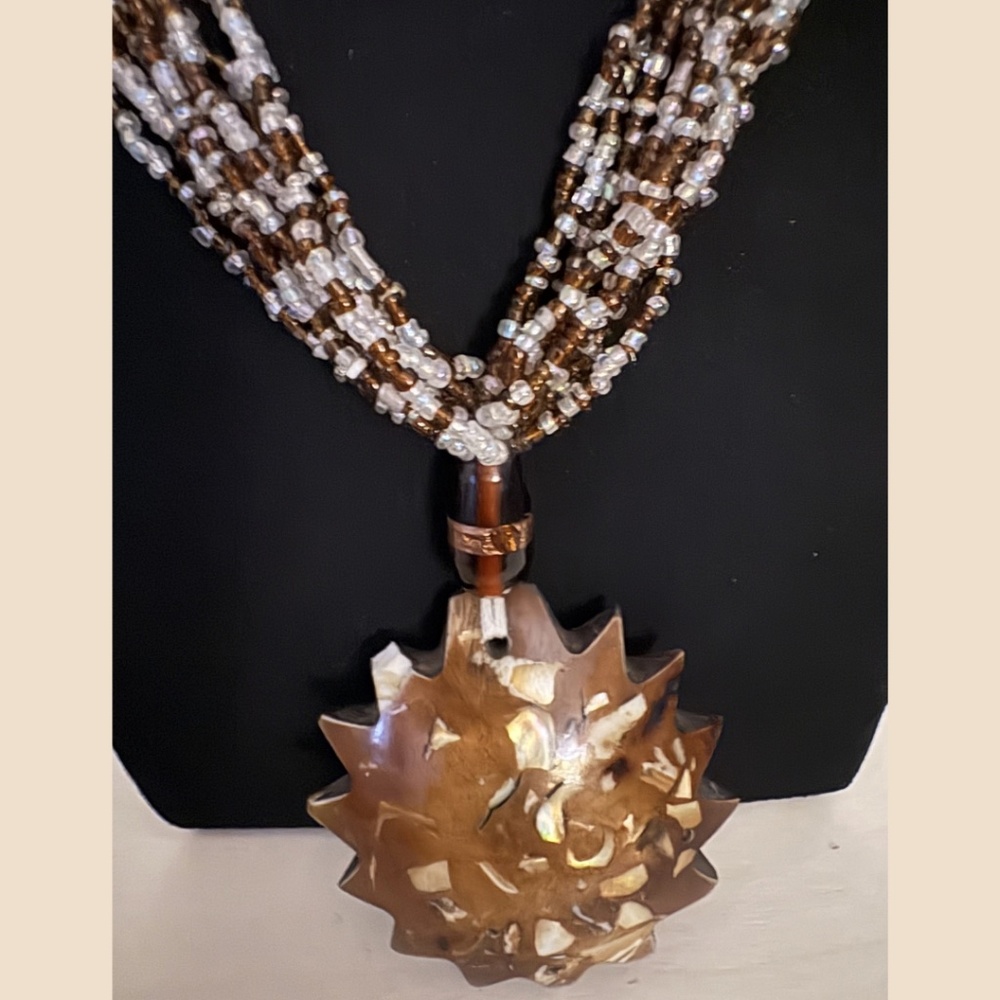 Boho Multi-Strand Beaded Necklace with Large Shell Inlay Sunburst Pendant